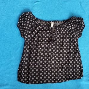 Black printed peasant top with tie at neck